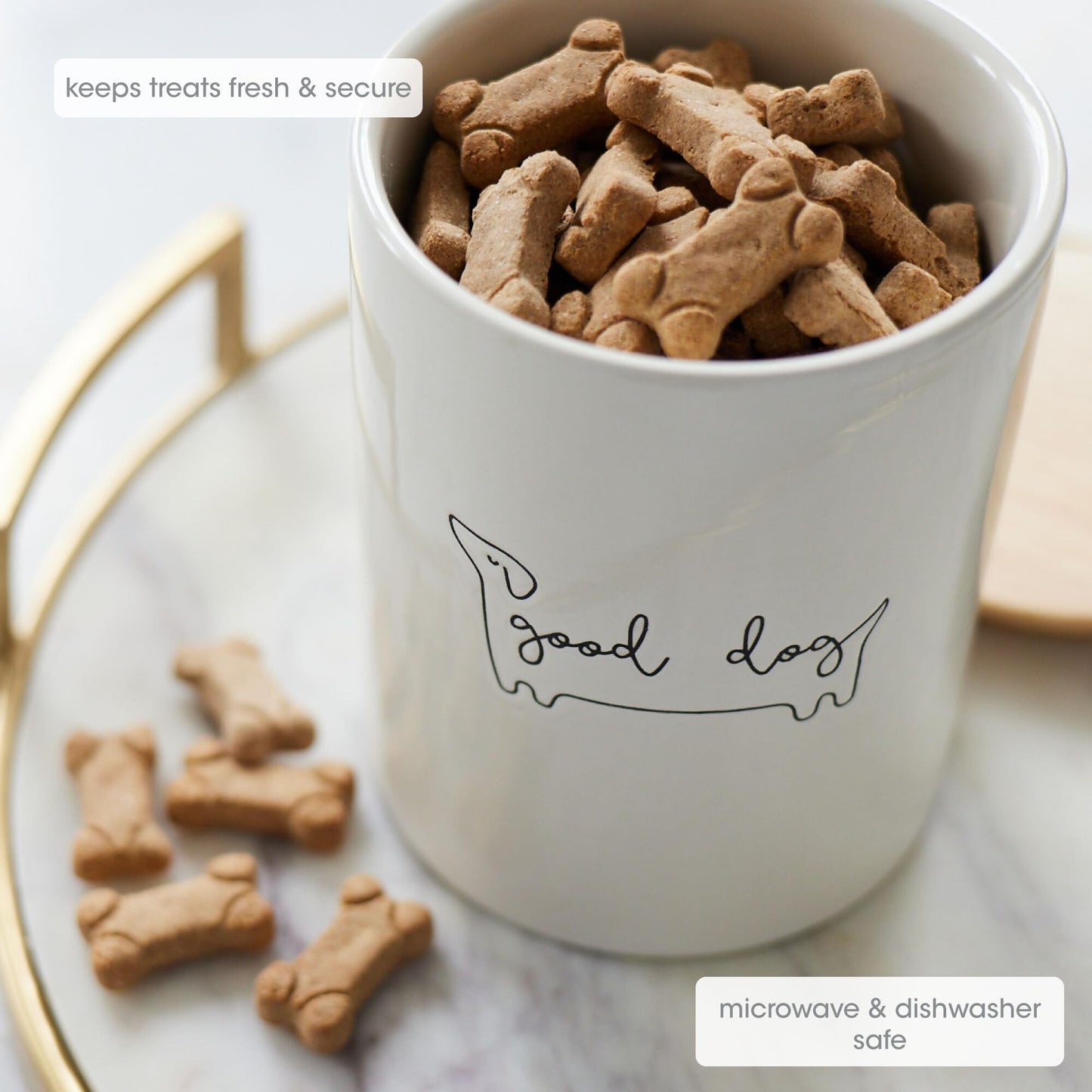 Good Dog Treat Jar - Ceramic and Wood, Neutral Modern Kitchen Decor, Holds 4 Cups