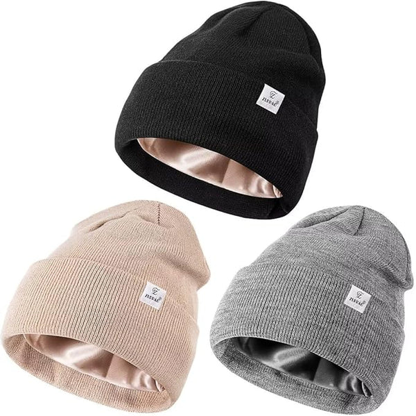 Stay Warm and Stylish This Winter with Our 3-Pack Satin Lined Beanie Hats!