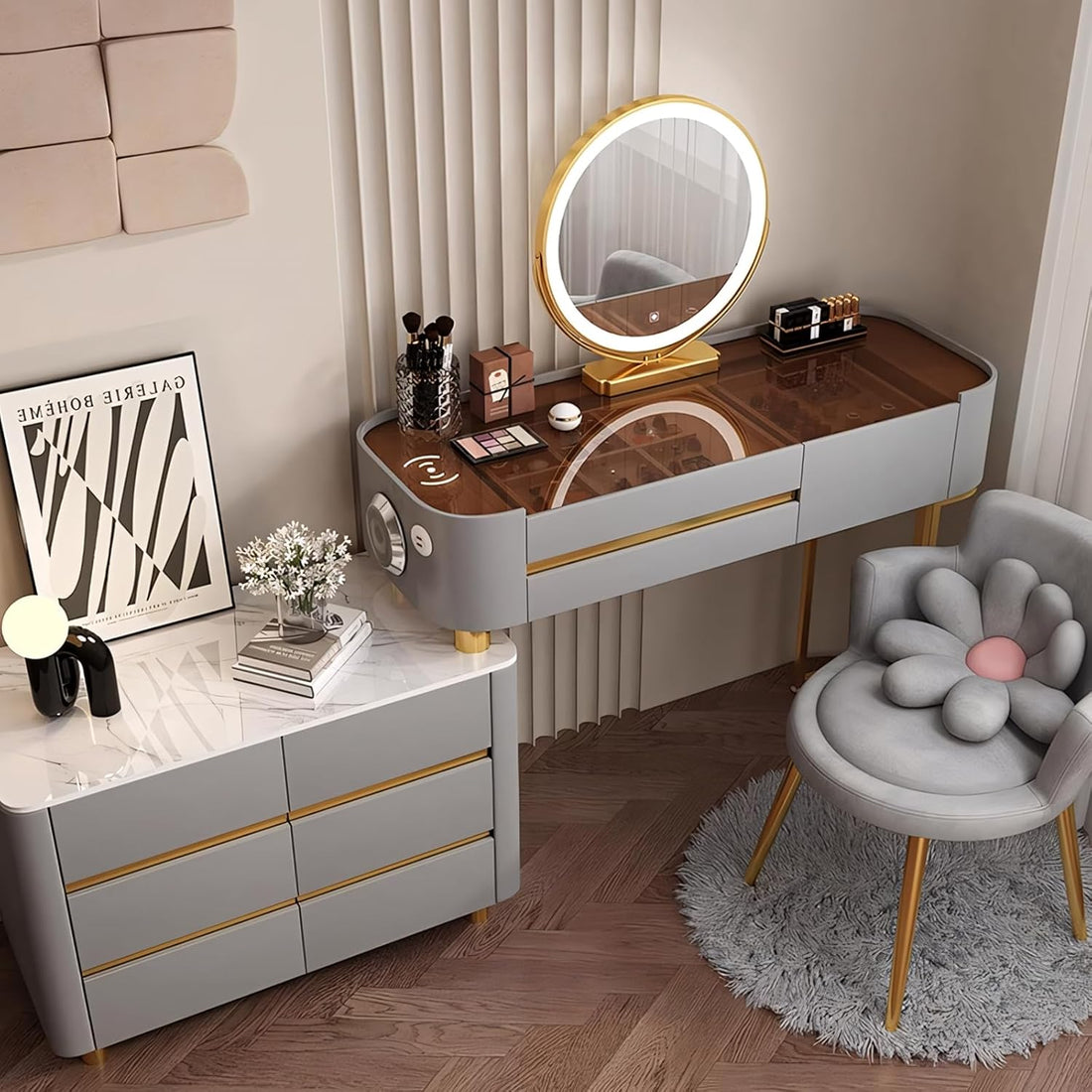Cabinet Vanity Set Cosmetics Dresser Furniture with Modern Stool