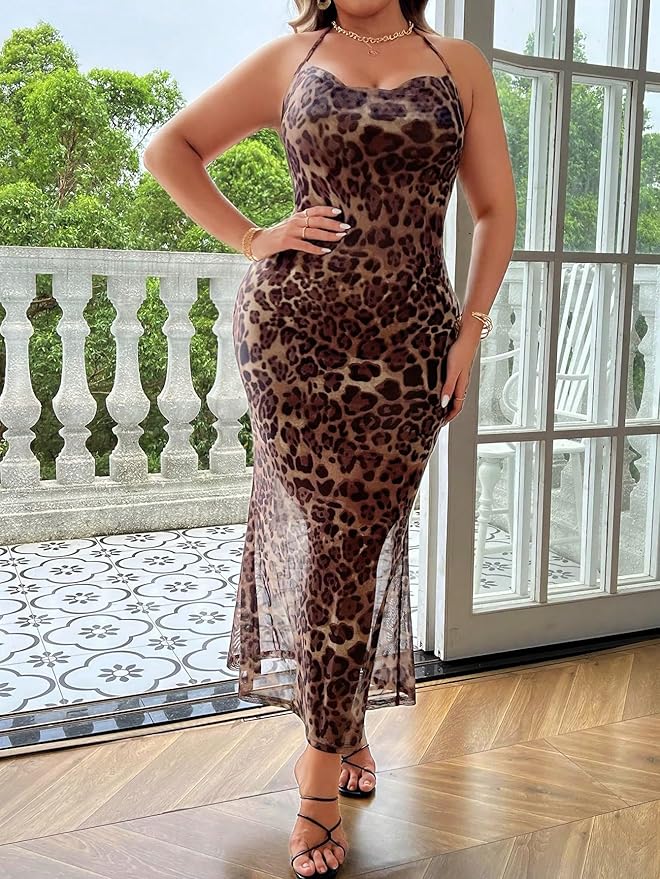 Unleash Your Wild Side in the Floerns Plus Size Leopard Halter Maxi! 🔥