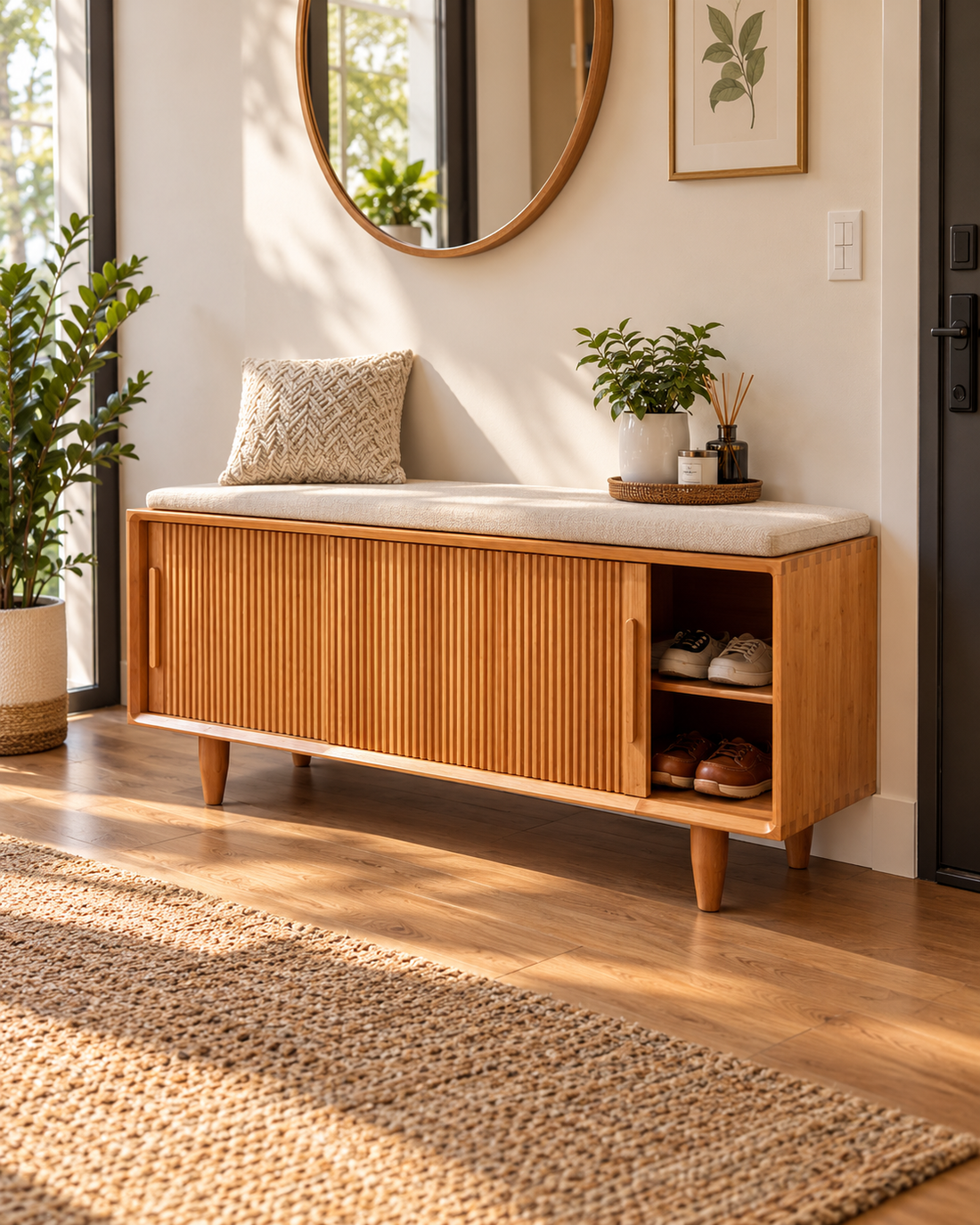 Entryway Shoe Storage Bench Review: Solid-Wood Style, Cushioned Seating & Sliding-Door Organization
