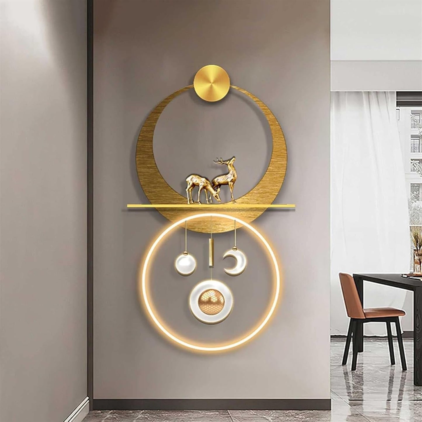 3D Metal Wall Art with LED Lights - Gold Elk Landscape Sculpture, Hanging Decor