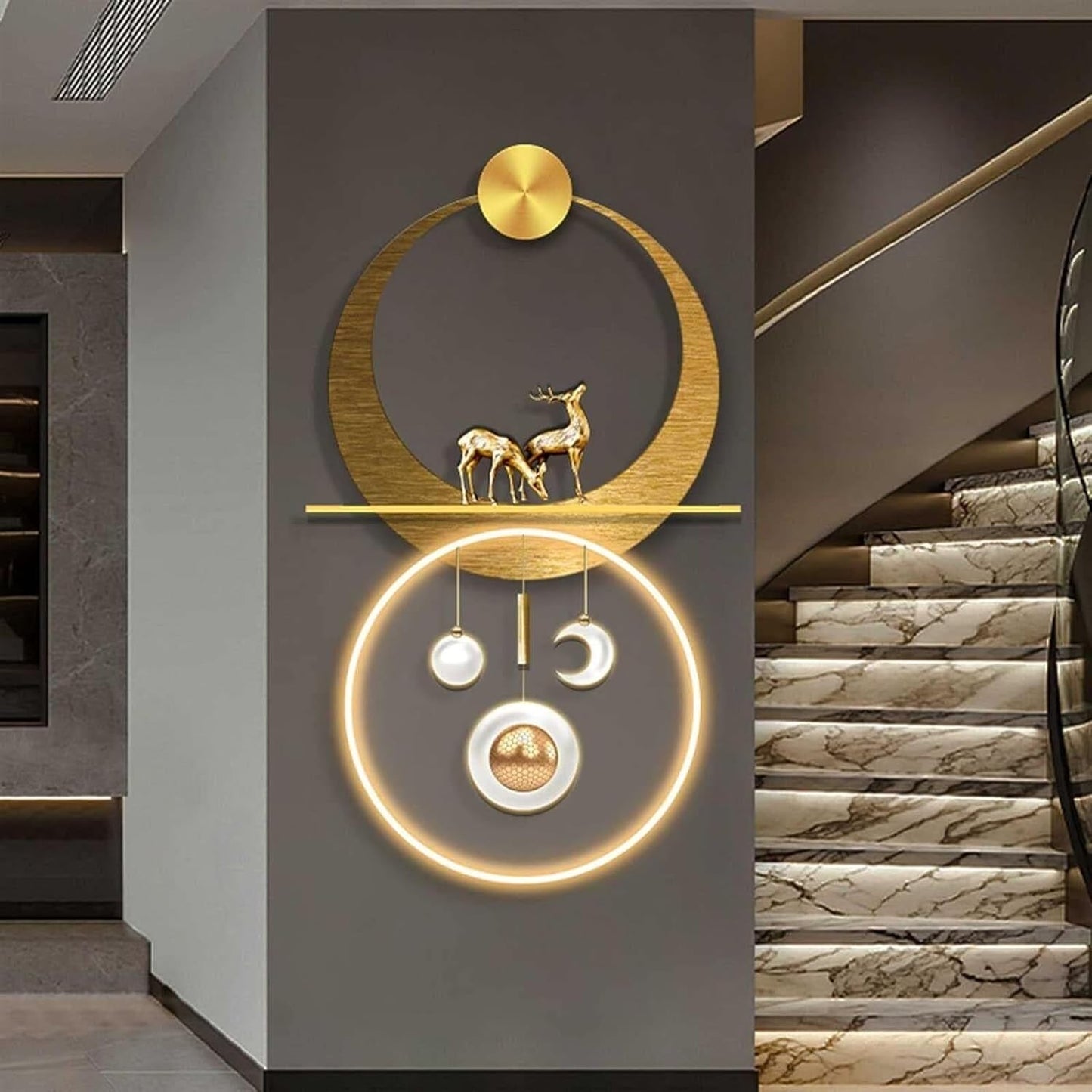 3D Metal Wall Art with LED Lights - Gold Elk Landscape Sculpture, Hanging Decor