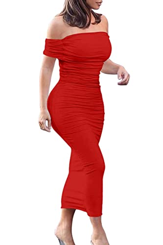 Women's Ruched Off-Shoulder Midi Cocktail Dress