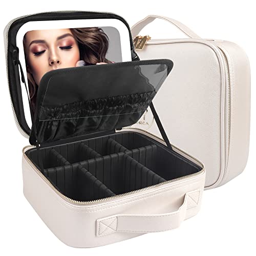 Travel Makeup Case - Mirror, Light, Portable Organizer, Creamy-White
