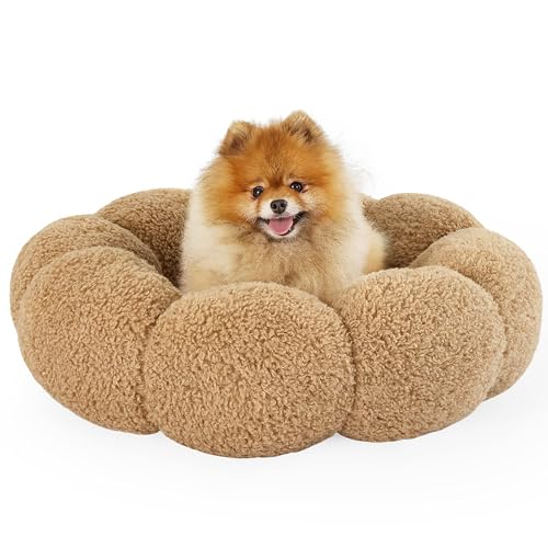 Calming Dog Bed - Small, Camel, Plush Flower Design