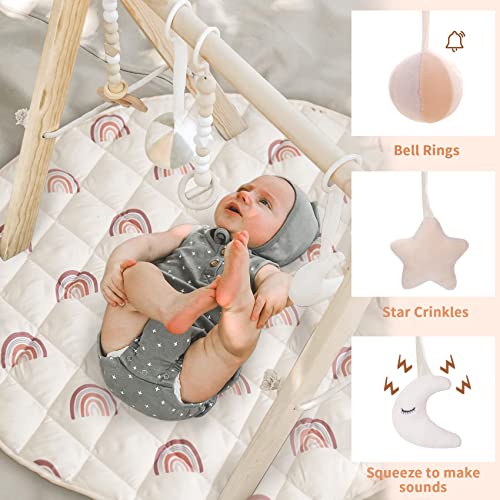 Wooden Baby Gym with 6 Baby Toys, Foldable Baby Play Gym with Rainbow Round Mat, Play Gym Frame Activity Gym Hanging Bar, Baby Gym Activity Center for Newborn, Gift Baby Girl and Boy Gym