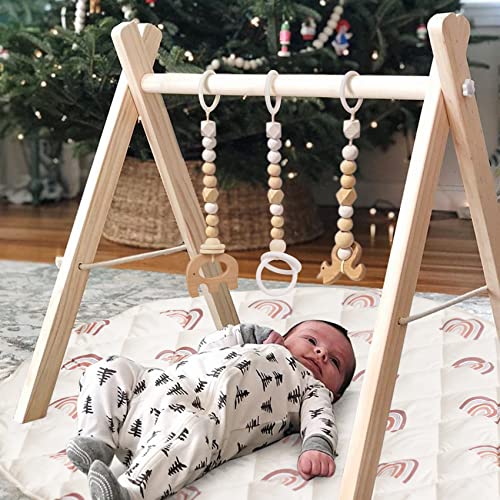 Wooden Baby Gym with 6 Baby Toys, Foldable Baby Play Gym with Rainbow Round Mat, Play Gym Frame Activity Gym Hanging Bar, Baby Gym Activity Center for Newborn, Gift Baby Girl and Boy Gym