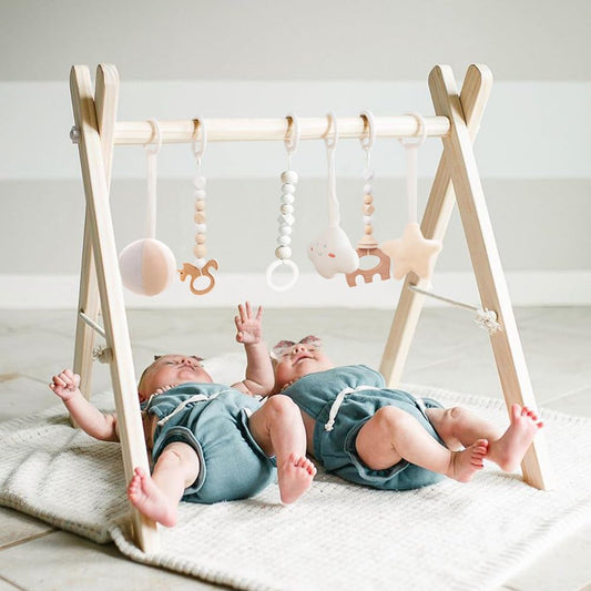 Wooden Baby Gym with 6 Gym Toys, Foldable Baby Play Gym, Natural Pine Wood Play Gym, Frame Activity Center Hanging Bar Newborn Gift Grey, Newborn Gift for Baby Girl and Boy