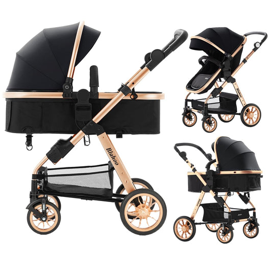 Blahoo Baby Stroller for Toddler,Bassinet Stroller,Foldable Aluminum Alloy Pushchair with Adjustable Backrest,Adjustable Direction Gold Black
