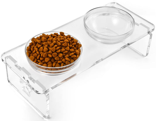 Acrylic Feeder Stand - 2 Sets Stainless Steel & Glass Bowls  - Elevated for Small Pets